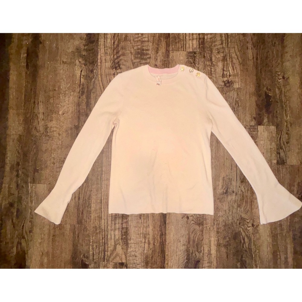Tory Burch Cream Bell Sleeve Sweater Gold Logo Buttons Pink Trim Style 34090 M